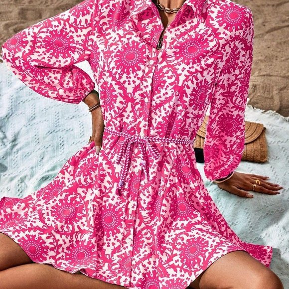 Hot Pink Boho Womens Allover Print Belted Shirt Dress - Picture 5 of 5